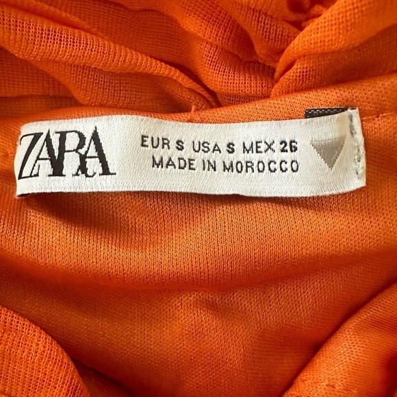Zara Pleated Ruffle Mini Short Ruched Dress w/Ruffled Sleeves, Orange, Size S - Picture 8 of 11